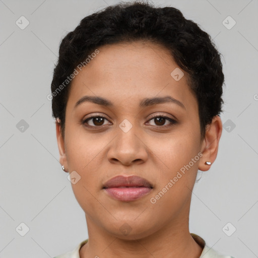 Joyful latino young-adult female with short  brown hair and brown eyes