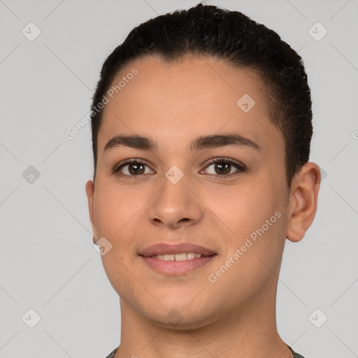 Joyful white young-adult female with short  brown hair and brown eyes