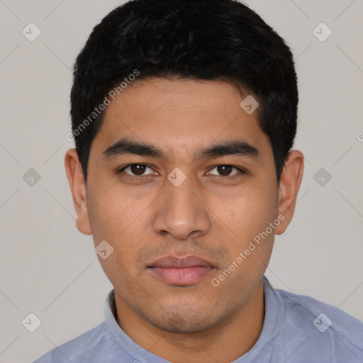 Neutral latino young-adult male with short  black hair and brown eyes