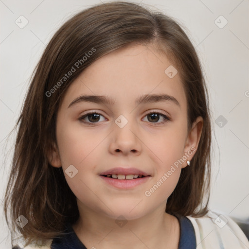 Joyful white child female with medium  brown hair and brown eyes