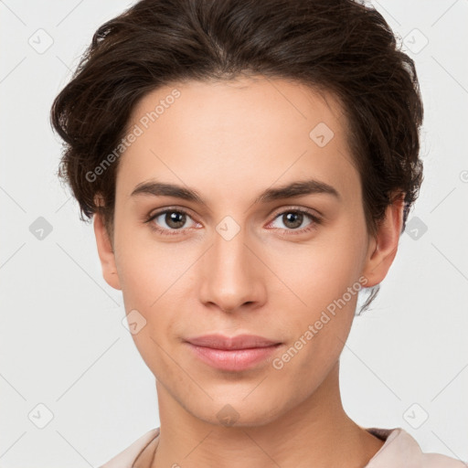 Neutral white young-adult female with short  brown hair and brown eyes