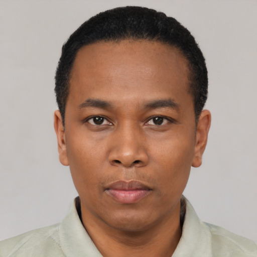 Neutral black adult male with short  black hair and brown eyes