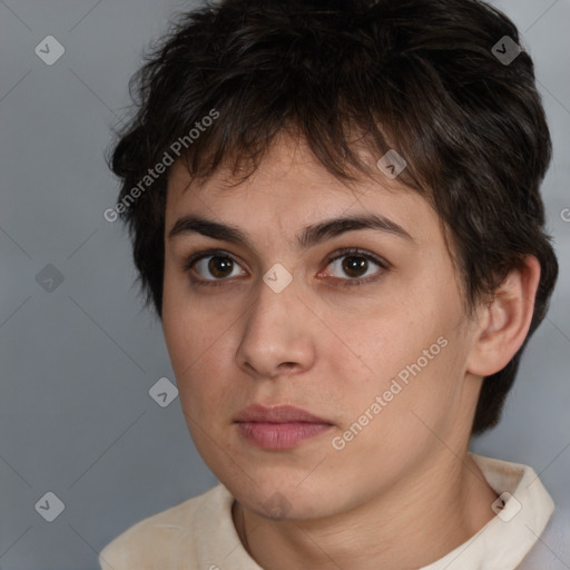 Neutral white young-adult female with short  brown hair and brown eyes