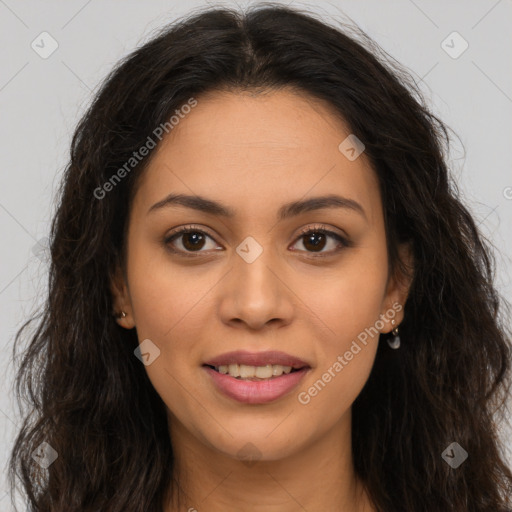 Joyful latino young-adult female with long  brown hair and brown eyes