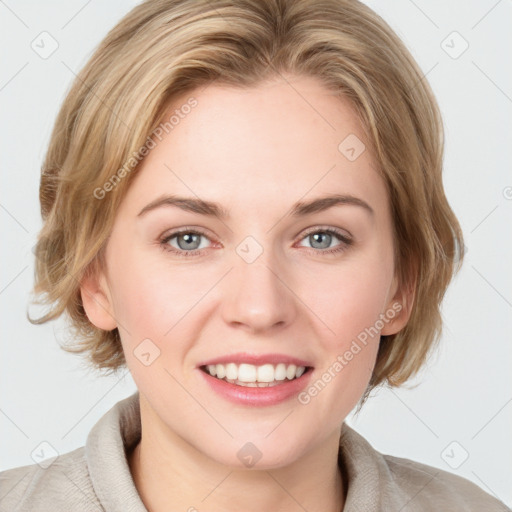 Joyful white young-adult female with medium  brown hair and blue eyes