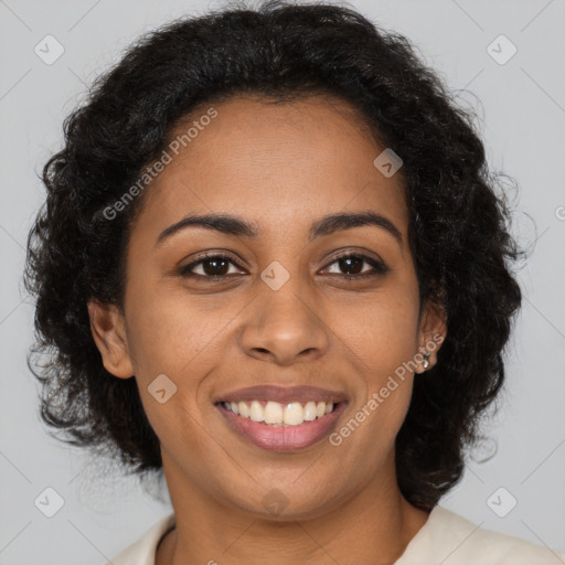 Joyful black young-adult female with long  brown hair and brown eyes