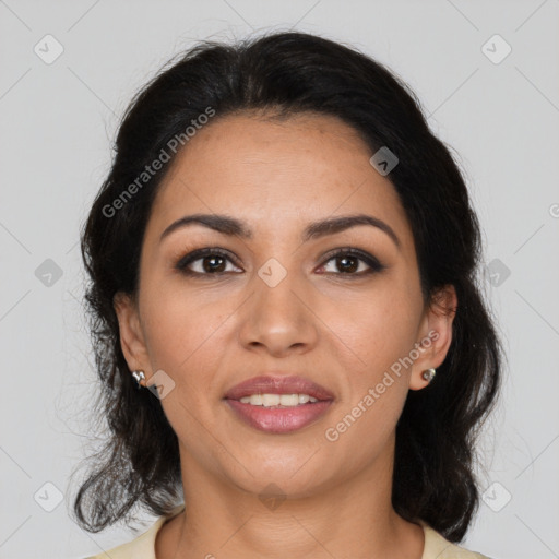 Joyful latino young-adult female with medium  brown hair and brown eyes