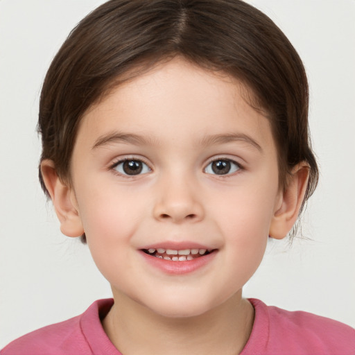 Joyful white child female with medium  brown hair and brown eyes