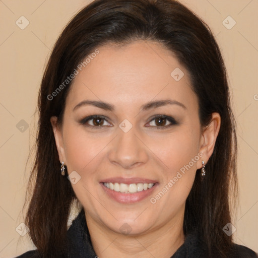 Joyful white young-adult female with long  brown hair and brown eyes