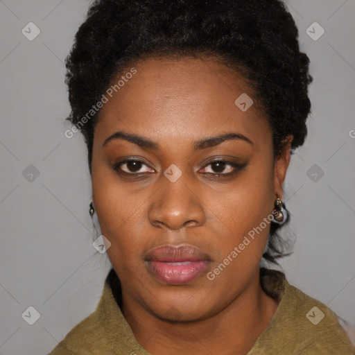 Neutral black young-adult female with short  black hair and brown eyes