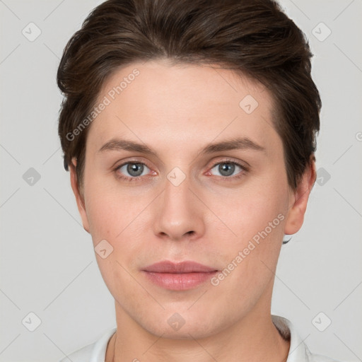 Joyful white young-adult female with short  brown hair and grey eyes