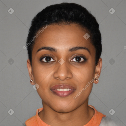 Joyful black young-adult female with short  black hair and brown eyes