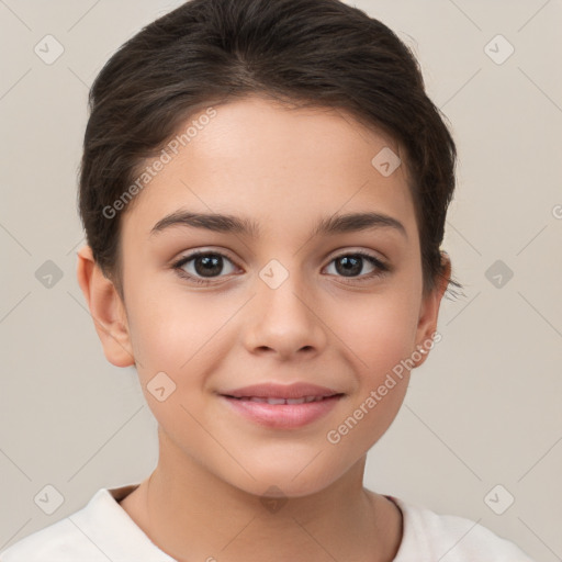 Joyful white child female with short  brown hair and brown eyes