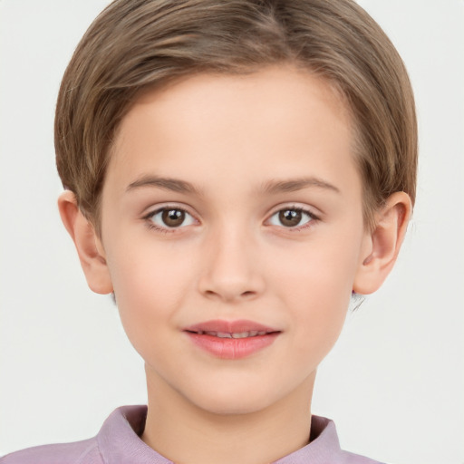 Joyful white child female with short  brown hair and brown eyes