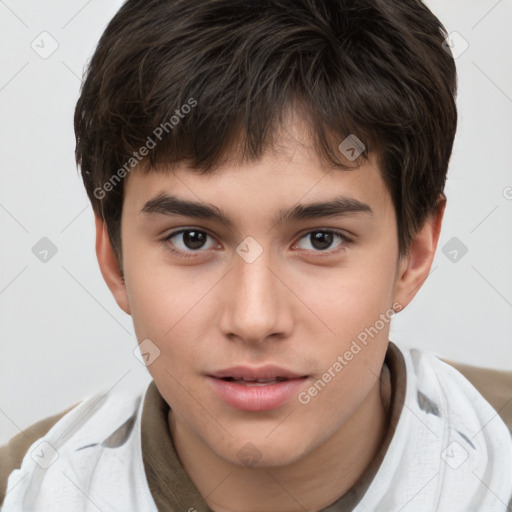 Joyful white child male with short  brown hair and brown eyes