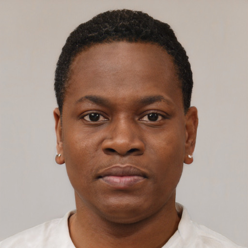 Neutral black young-adult male with short  brown hair and brown eyes