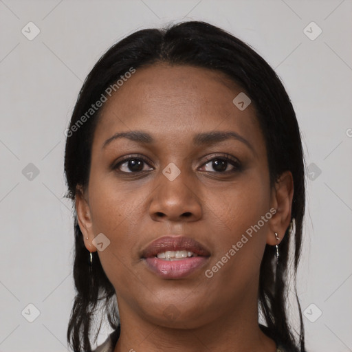 Joyful black young-adult female with medium  black hair and brown eyes