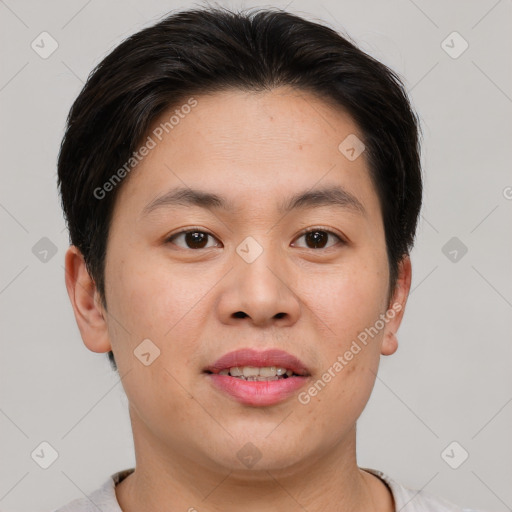 Joyful asian young-adult male with short  brown hair and brown eyes