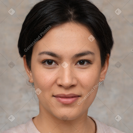 Joyful asian young-adult female with short  brown hair and brown eyes