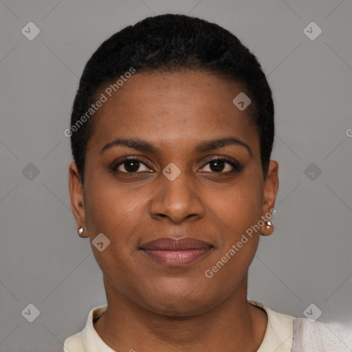 Joyful black young-adult female with short  brown hair and brown eyes