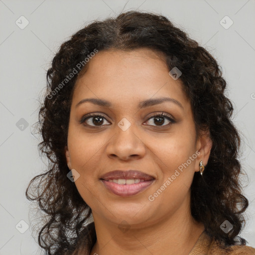 Joyful black young-adult female with medium  brown hair and brown eyes