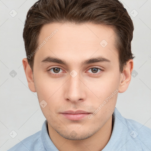 Neutral white young-adult male with short  brown hair and brown eyes