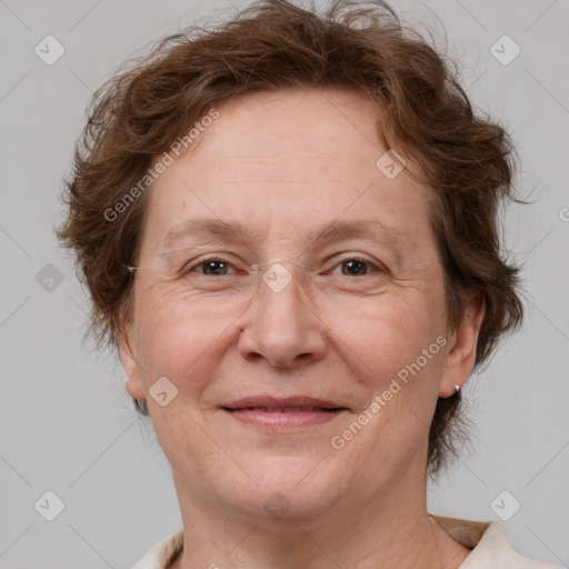 Joyful white adult female with short  brown hair and brown eyes