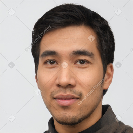 Neutral asian young-adult male with short  black hair and brown eyes