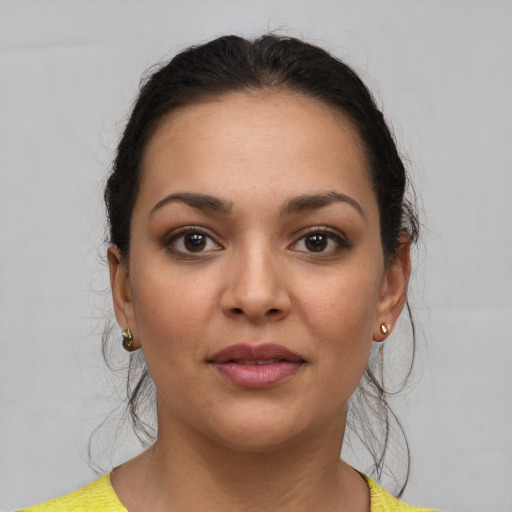 Neutral white young-adult female with short  brown hair and brown eyes