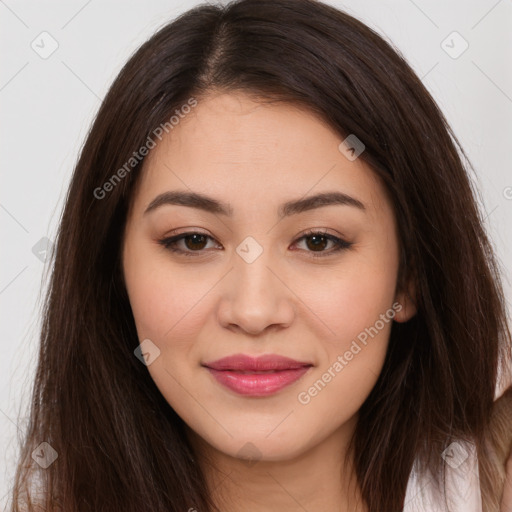 Joyful white young-adult female with long  brown hair and brown eyes