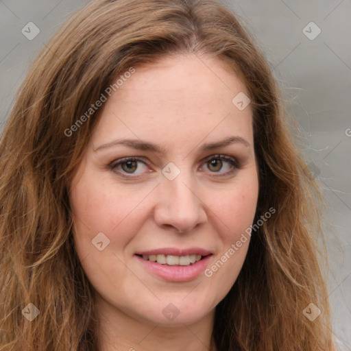 Joyful white young-adult female with long  brown hair and green eyes