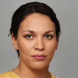 Neutral white young-adult female with short  brown hair and brown eyes