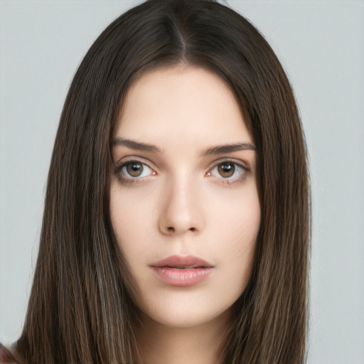 Neutral white young-adult female with long  brown hair and brown eyes