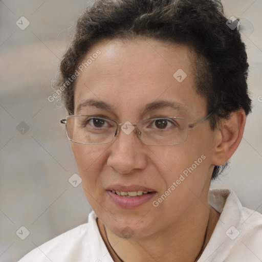 Joyful white adult female with short  brown hair and brown eyes