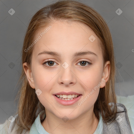 Joyful white child female with medium  brown hair and brown eyes