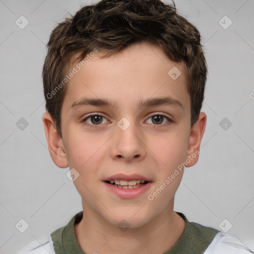 Joyful white child male with short  brown hair and brown eyes