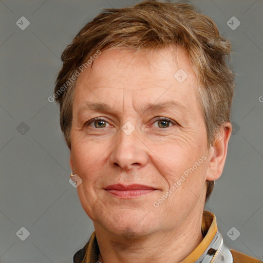 Joyful white middle-aged male with short  brown hair and brown eyes