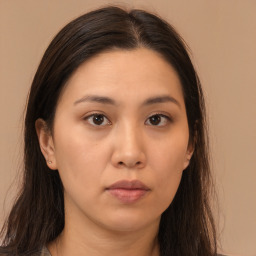 Neutral asian young-adult female with long  brown hair and brown eyes