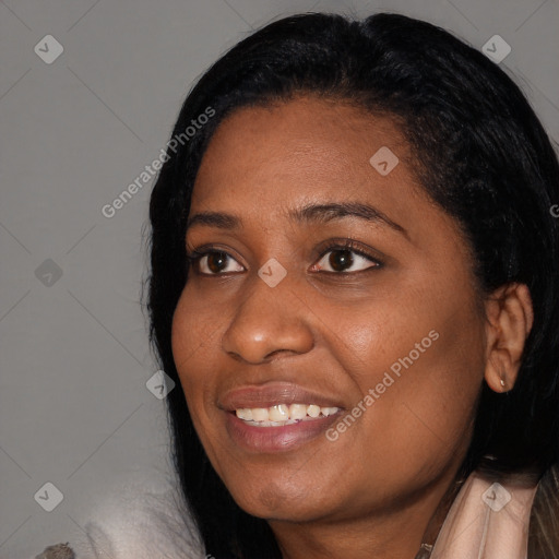 Joyful black young-adult female with medium  black hair and brown eyes