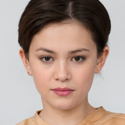 Neutral white young-adult female with short  brown hair and brown eyes