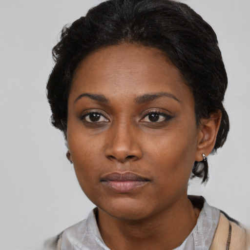 Neutral black adult female with short  black hair and brown eyes