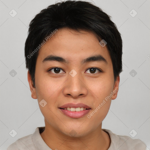 Joyful asian young-adult male with short  brown hair and brown eyes