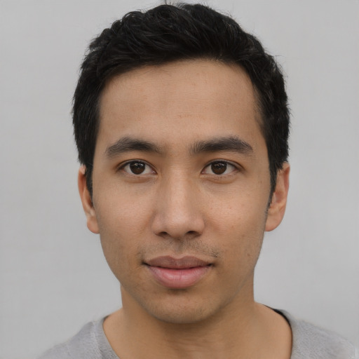 Neutral asian young-adult male with short  black hair and brown eyes