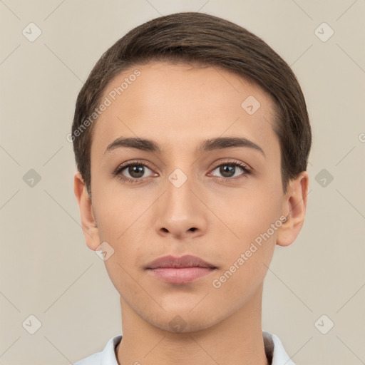 Neutral white young-adult female with short  brown hair and brown eyes