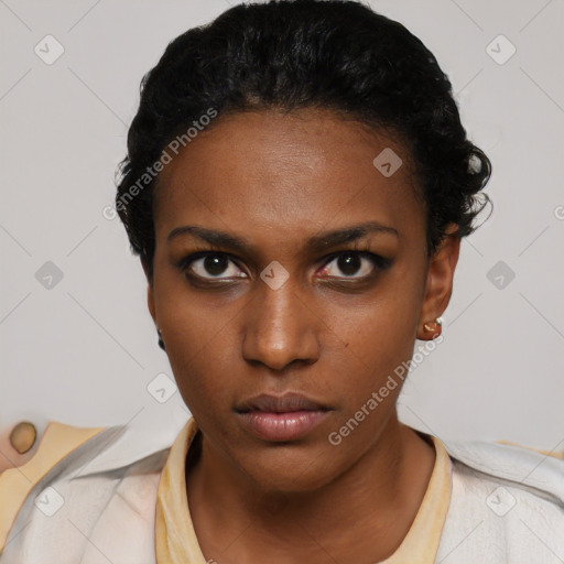 Neutral black young-adult female with short  black hair and brown eyes