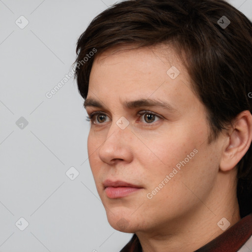 Neutral white young-adult female with short  brown hair and brown eyes