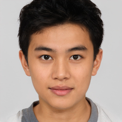 Neutral asian young-adult male with short  brown hair and brown eyes