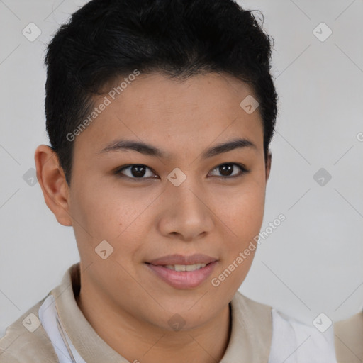 Joyful asian young-adult female with short  brown hair and brown eyes