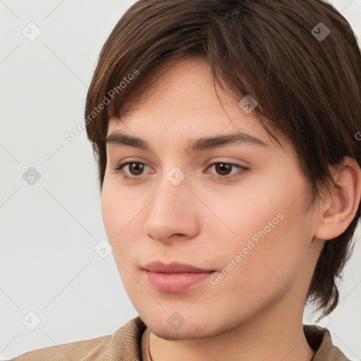 Neutral white young-adult female with medium  brown hair and brown eyes