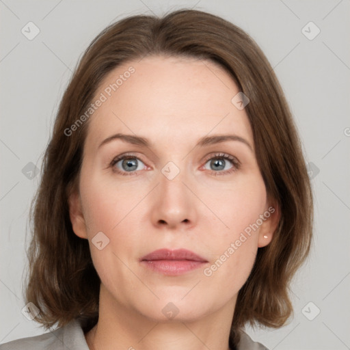 Neutral white young-adult female with medium  brown hair and grey eyes